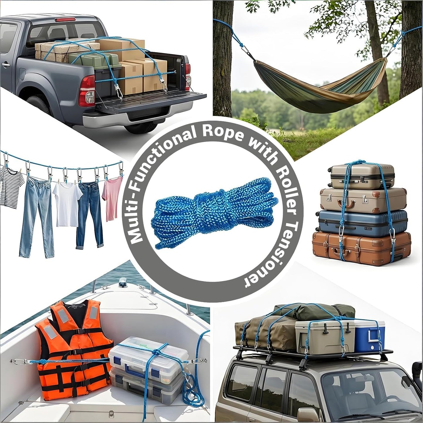 Rope Rollers,Tightener & Guyline Tensioner (6 Pack+2 Ropes), Stainless Steel and Nylon Adjustable Tie‑Down Hardware, Flexible Portable Cord Tensioning Kit for Outdoor Camping, Tent