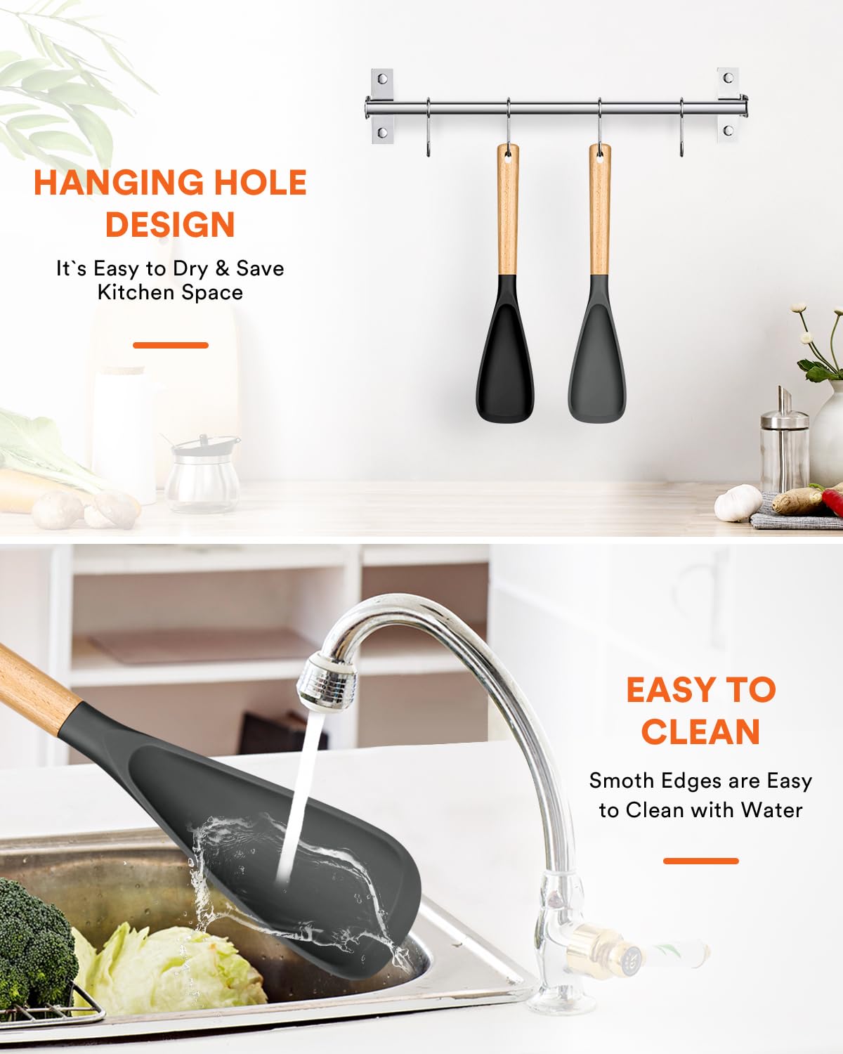 Cooking Spoon for Nonstick Cookwares, 13.4 Inch Matte Silicone Kitchen Utensil with Wooden Handle, Black & Grey Multipurpose Spoon Ideal for Mixing, Scooping and Scraping Food