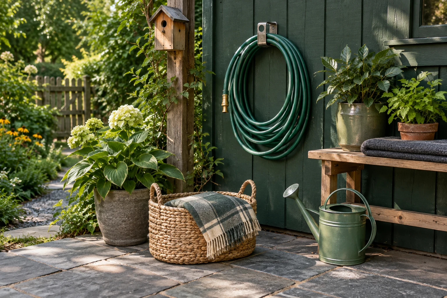A forest-green garden wall with useful outdoor storage, a birdhouse and watering essentials