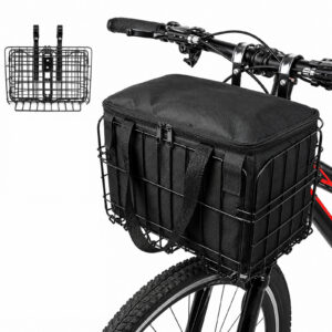 Folding Front Bike Basket with Removable Liner Bag, Quick Release Metal Bicycle Basket for E-Bikes and Adult Bicycles, Traveling with Pets, Groceries