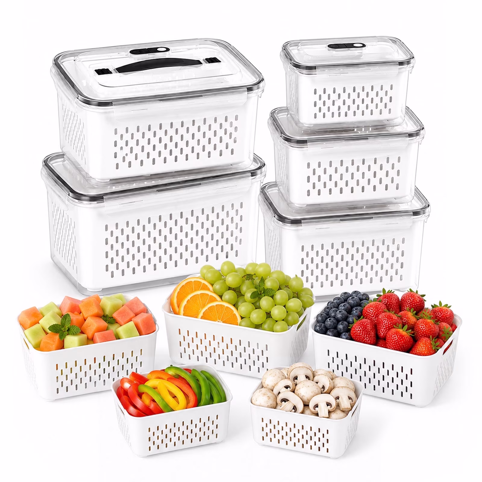 5-Pack Large Refrigerator Fruit Storage Containers with Handles, Leakproof Produce Saver with Removable Drain Colander