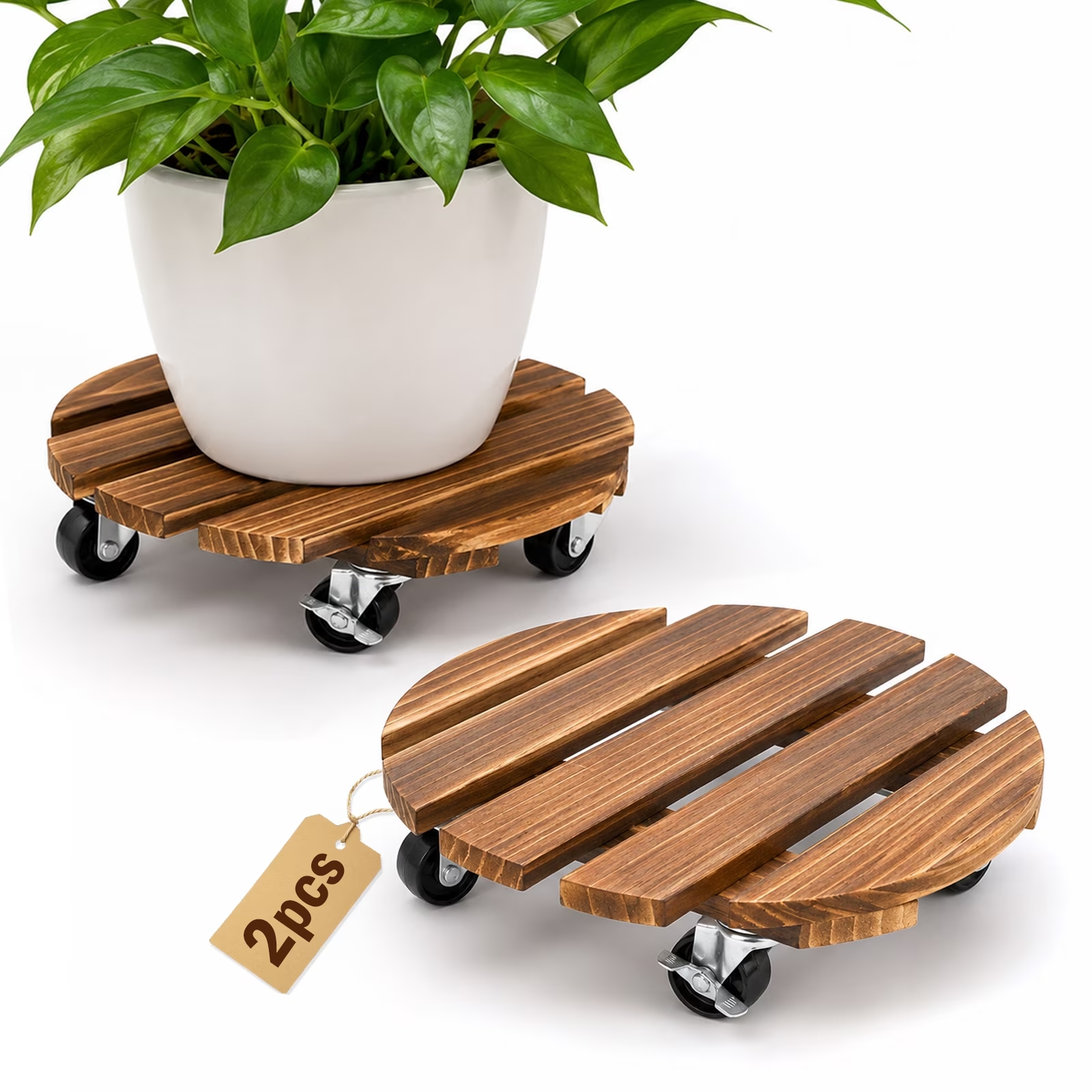 2 Pack 12 Inch Plant Caddy with Wheels, Wooden Plant Stand with Wheels, Rolling Plant Stand for Indoor Outdoor Large Planters, Locking Casters, No Assembly Required
