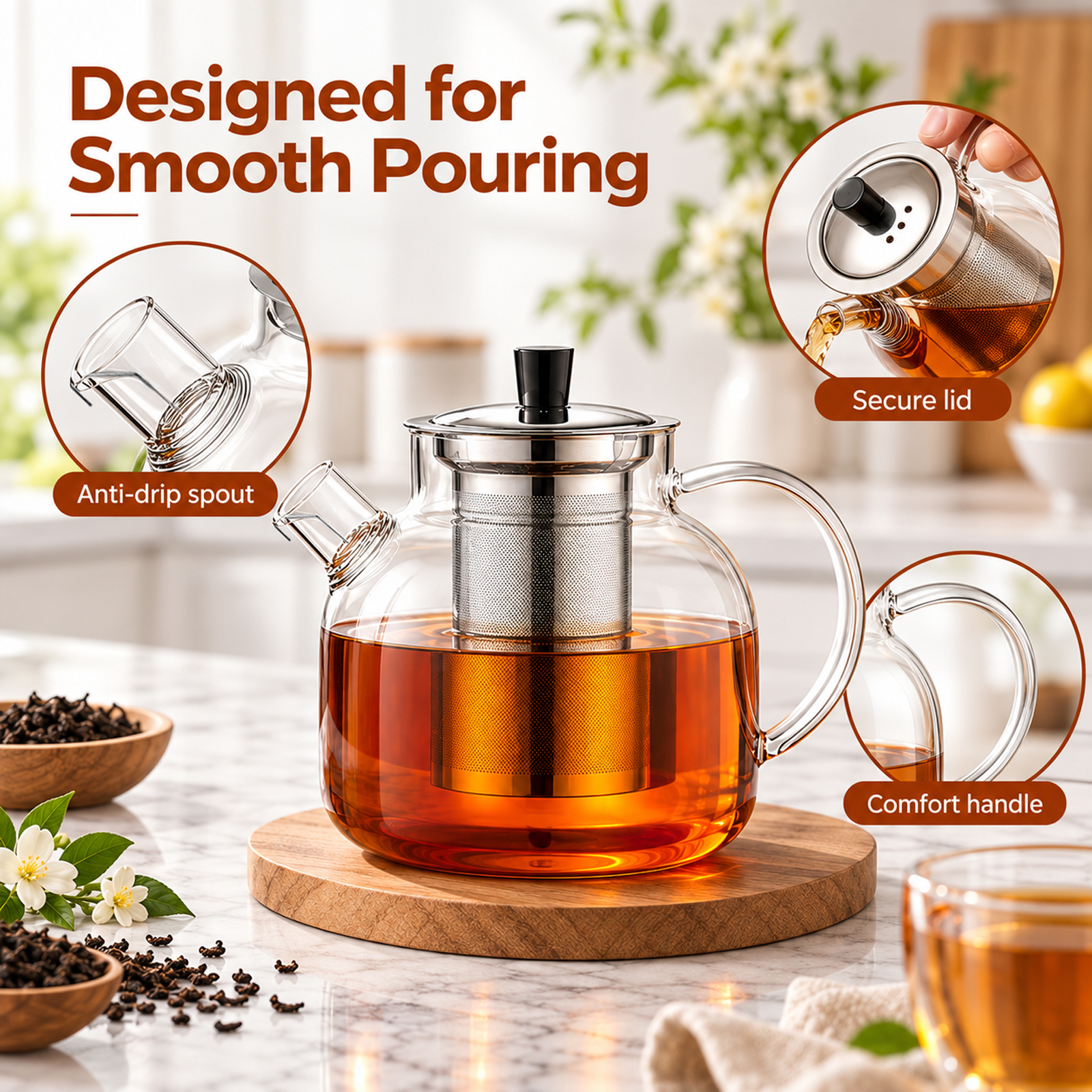 1500ml (50oz) Glass Teapot with Removable Infuser, Stovetop Safe Large Tea Pot, Blooming and Loose Leaf Handcrafted Kettle for Women and Adults - Image 4