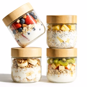 4-Pack 10oz Glass Jars with Airtight Bamboo Lids – Wide Mouth Mason Jars for Meal Prep, Overnight Oats, Yogurt, Salad, Snacks, Chia Pudding & Food Storage