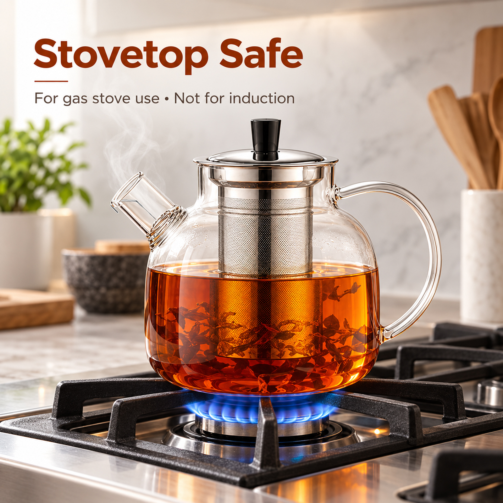 1500ml (50oz) Glass Teapot with Removable Infuser, Stovetop Safe Large Tea Pot, Blooming and Loose Leaf Handcrafted Kettle for Women and Adults - Image 5