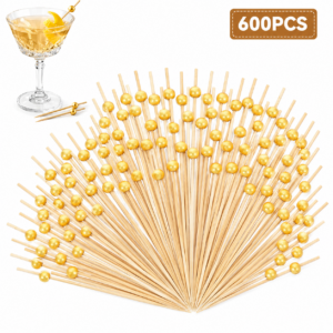 600 Pcs Gold Pearl Cocktail Picks, 4.7 Inch Bamboo Toothpicks for Appetizers and Drinks