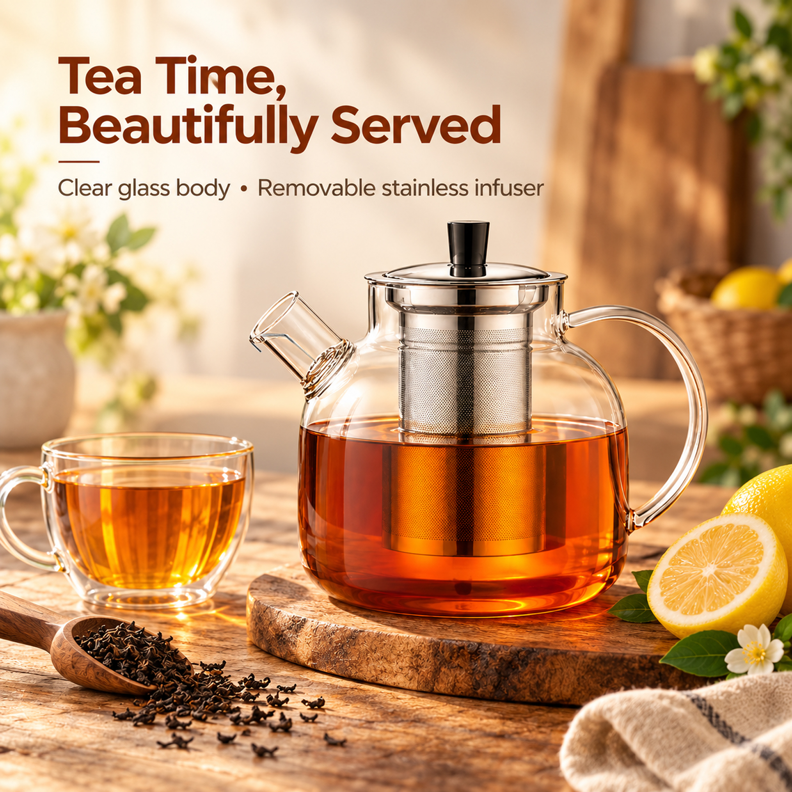 1500ml (50oz) Glass Teapot with Removable Infuser, Stovetop Safe Large Tea Pot, Blooming and Loose Leaf Handcrafted Kettle for Women and Adults - Image 6