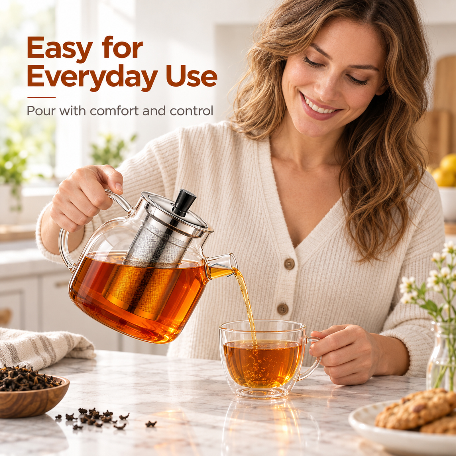 1500ml (50oz) Glass Teapot with Removable Infuser, Stovetop Safe Large Tea Pot, Blooming and Loose Leaf Handcrafted Kettle for Women and Adults - Image 7