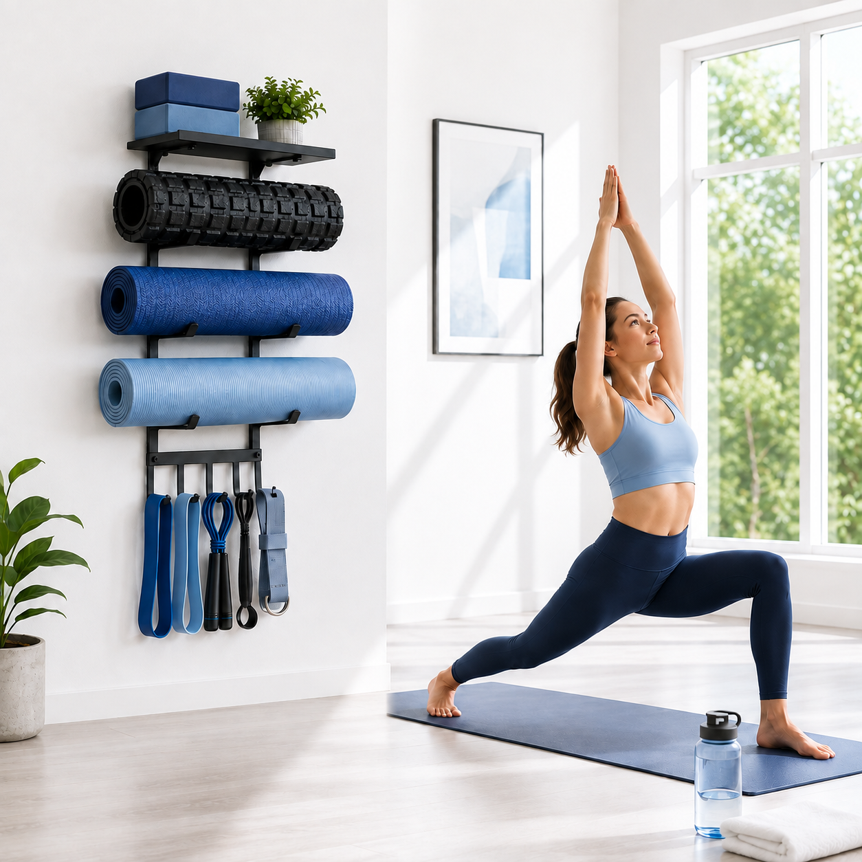 oga Mat Holder Wall Mount, 4-Tier Iron Yoga Mat Storage Rack with Top Shelf and 5 Hooks, Wall Mounted Yoga Equipment Organizer for Home Gym - Image 4