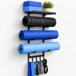 oga Mat Holder Wall Mount, 4-Tier Iron Yoga Mat Storage Rack with Top Shelf and 5 Hooks, Wall Mounted Yoga Equipment Organizer for Home Gym