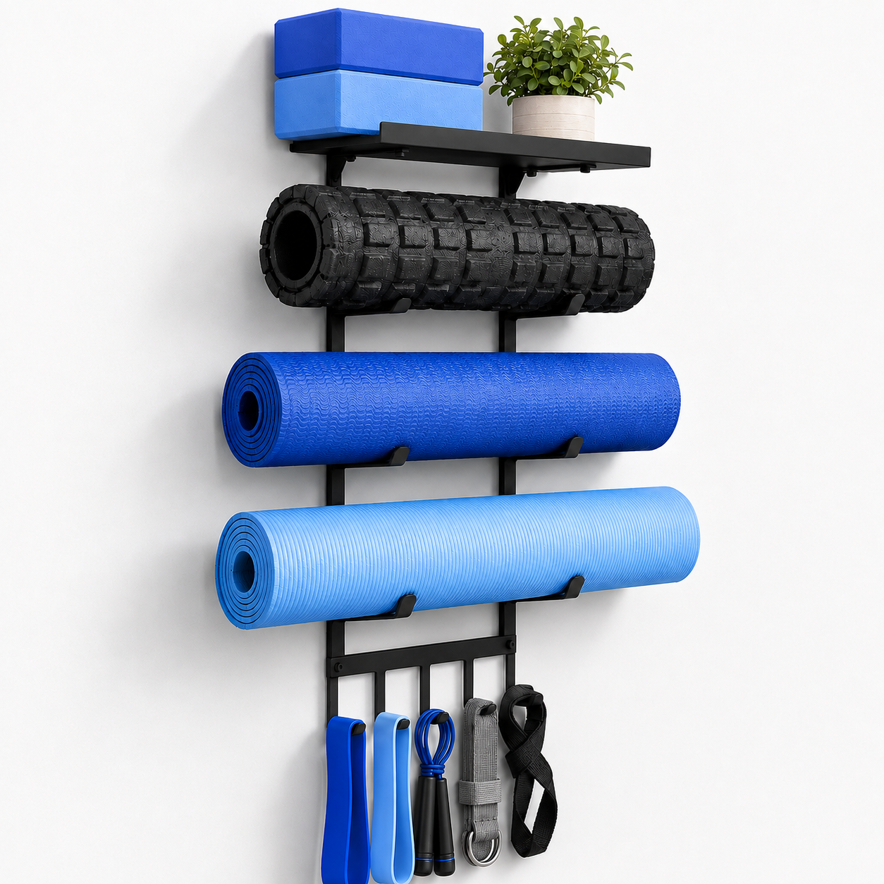 oga Mat Holder Wall Mount, 4-Tier Iron Yoga Mat Storage Rack with Top Shelf and 5 Hooks, Wall Mounted Yoga Equipment Organizer for Home Gym