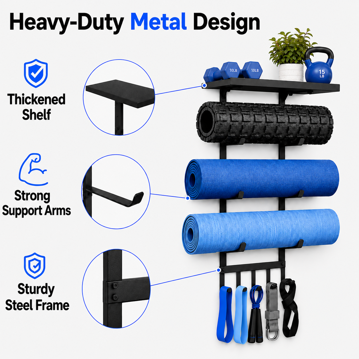 oga Mat Holder Wall Mount, 4-Tier Iron Yoga Mat Storage Rack with Top Shelf and 5 Hooks, Wall Mounted Yoga Equipment Organizer for Home Gym - Image 5