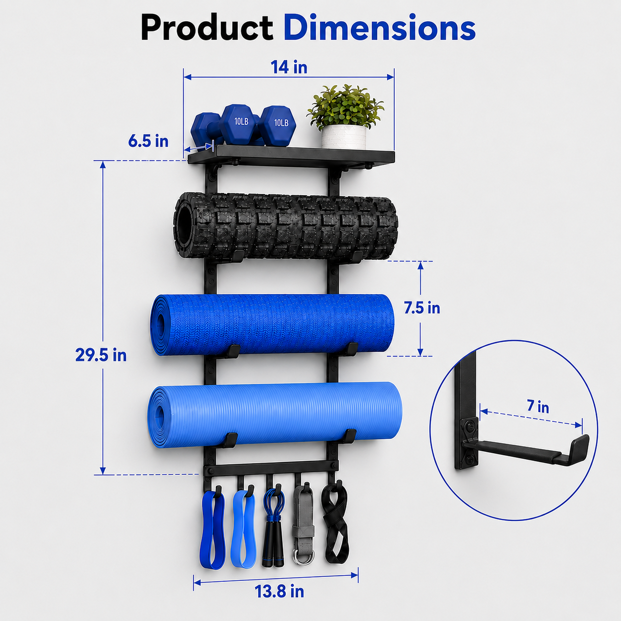 oga Mat Holder Wall Mount, 4-Tier Iron Yoga Mat Storage Rack with Top Shelf and 5 Hooks, Wall Mounted Yoga Equipment Organizer for Home Gym - Image 6