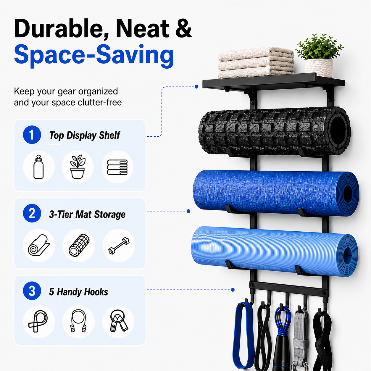 oga Mat Holder Wall Mount, 4-Tier Iron Yoga Mat Storage Rack with Top Shelf and 5 Hooks, Wall Mounted Yoga Equipment Organizer for Home Gym - Image 7