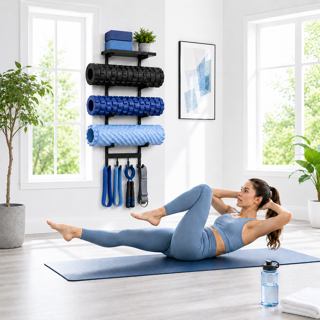 oga Mat Holder Wall Mount, 4-Tier Iron Yoga Mat Storage Rack with Top Shelf and 5 Hooks, Wall Mounted Yoga Equipment Organizer for Home Gym - Image 2