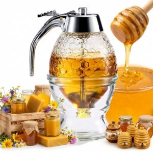 Glass Honey Dispenser, 8 oz Honeycomb Jar with Press Handle, Clear Syrup Dispenser for Honey, Maple Syrup, Pancakes, Coffee and Tea
