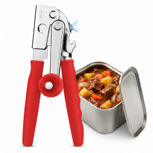 Manual Commercial Can Opener, Stainless Steel Smooth Edge Cutting, Handheld with Easy Crank Handle, Non-Slip Grip, Built-in Bottle Opener, Suitable for Home, Kitchen & Restaurant Use, Red