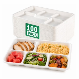 100 Pack Plant-Based 5-Compartment Disposable Plates, Divided Paper Dinner Plates for Party, Catering & Special Events