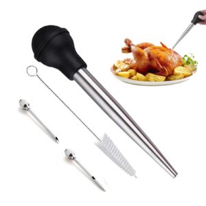 Stainless Steel Turkey Baster with 2 Interchangeable Needles and Cleaning Brush, Meat Marinade Injector Baster Syringe for Turkey, Chicken, BBQ, Roasting and Grilling