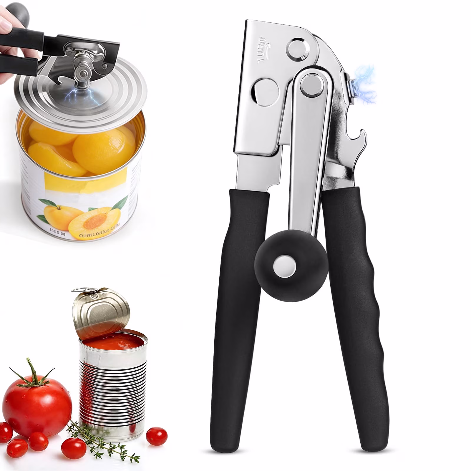 Manual Commercial Can Opener, Stainless Steel Smooth Edge Cutting, Handheld with Easy Crank Handle, Black Non-Slip Grip, Built-in Bottle Opener, Suitable for Home, Kitchen & Restaurant Use